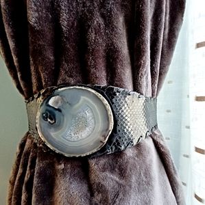 Snakeskin, leather and agate handmade belt